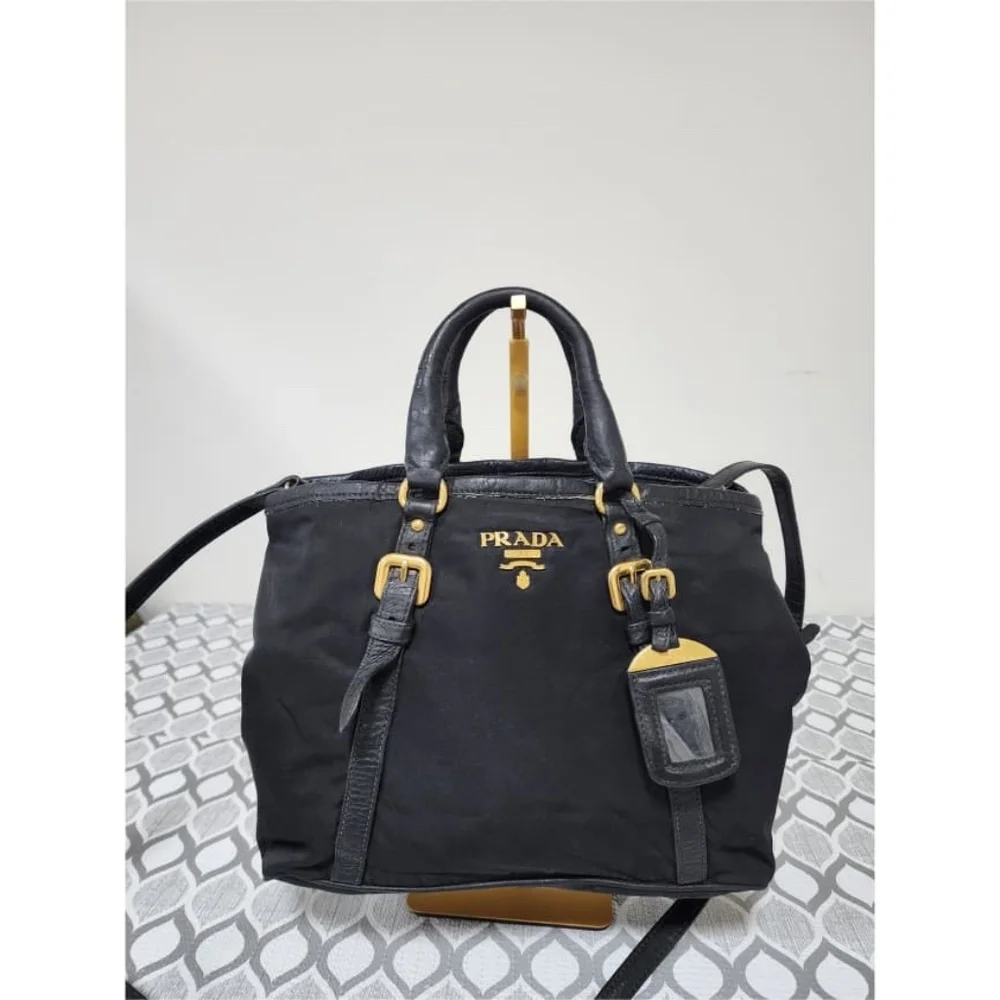 Authentic Prada Nylon and Leather Satchel Bag Black